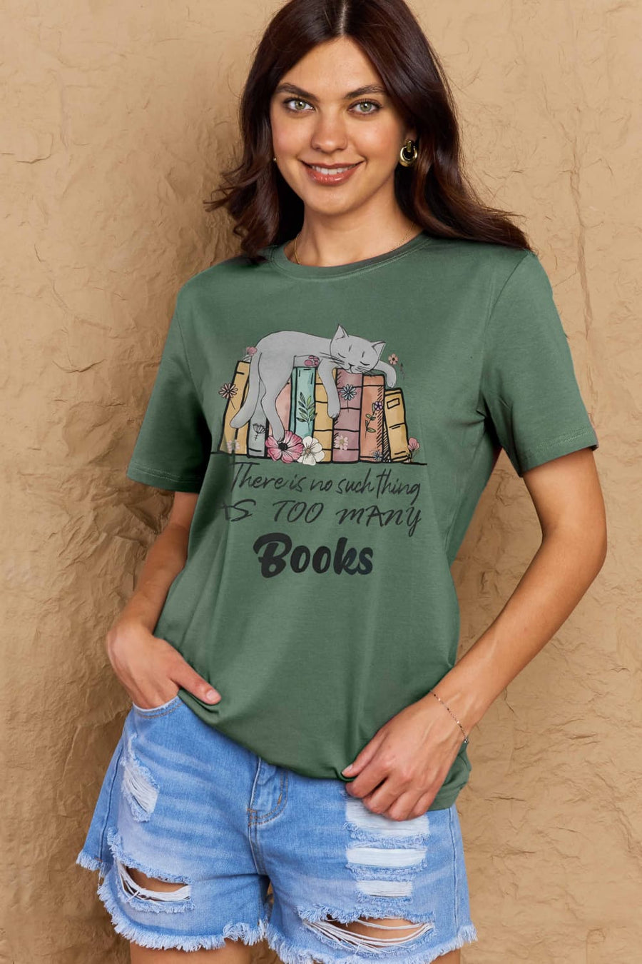 Simply Love Full Size Cat & Books Graphic Cotton Tee