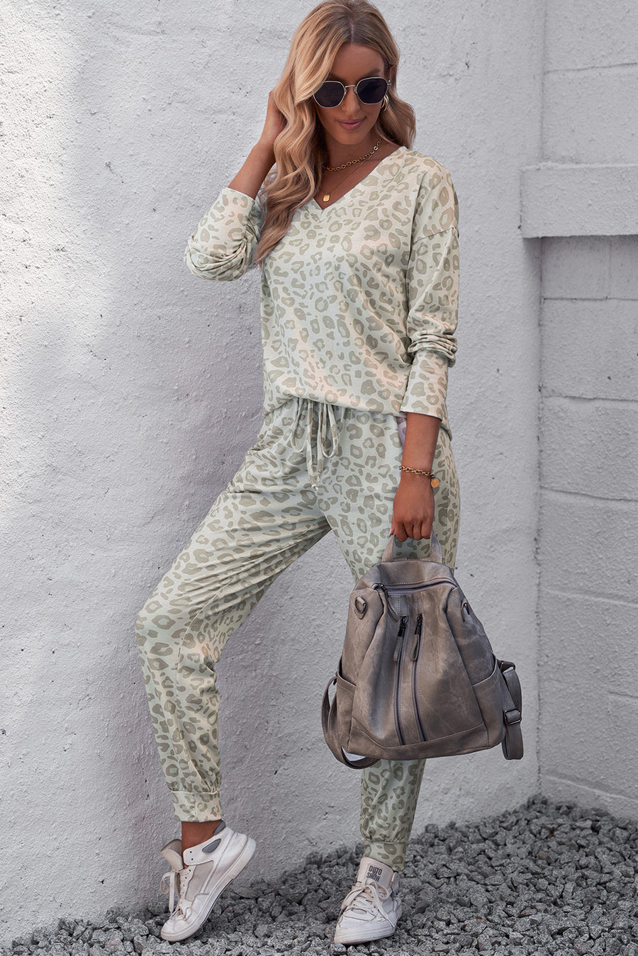 Leopard V-Neck Top and Drawstring Joggers Pajama Set