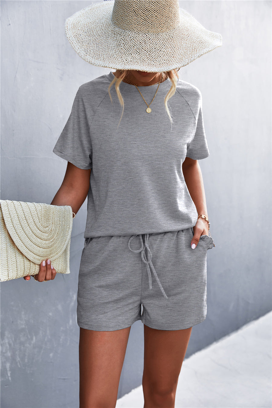 Raglan Sleeve Ruffle Hem Top and Shorts Set with Pockets