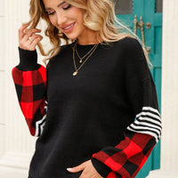 Mixed Print Curved Hem Knit Pullover