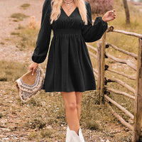 V-Neck Long Sleeve Smocked Waist Mini Dress