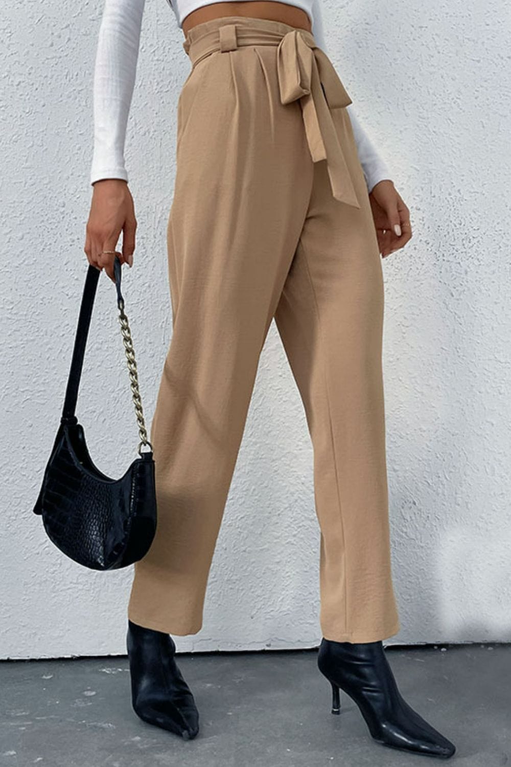 Shape Code IBS Pants Bottoms-Belted Straight Leg Pants with Pockets