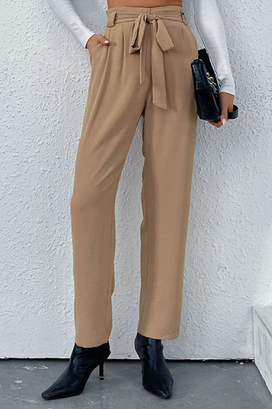 Shape Code IBS Pants Khaki / S Bottoms-Belted Straight Leg Pants with Pockets