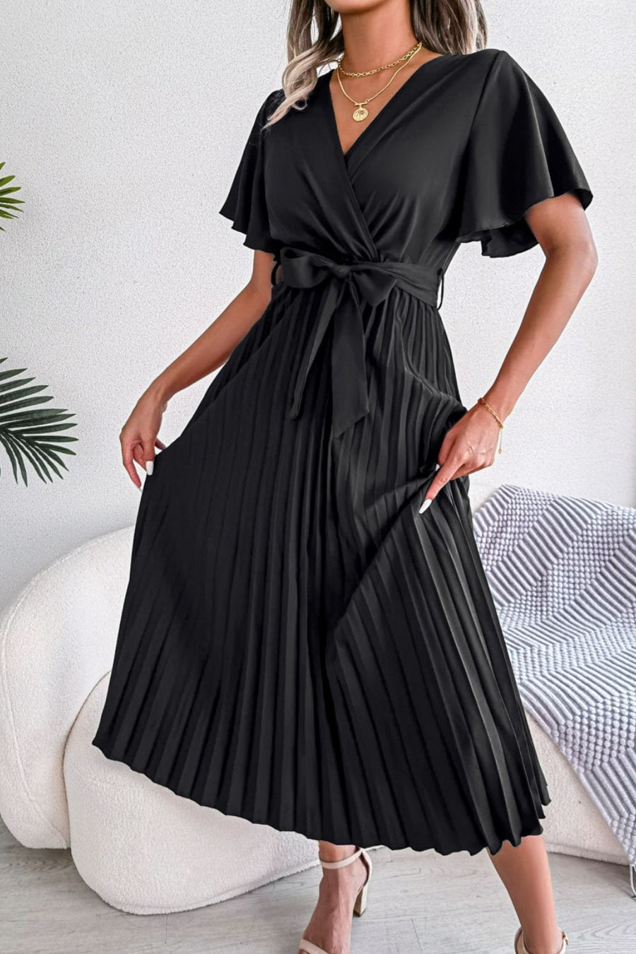 Shape Code RBS/TBS Dresses Black / S Dress-Pleated Flutter Sleeve Belted