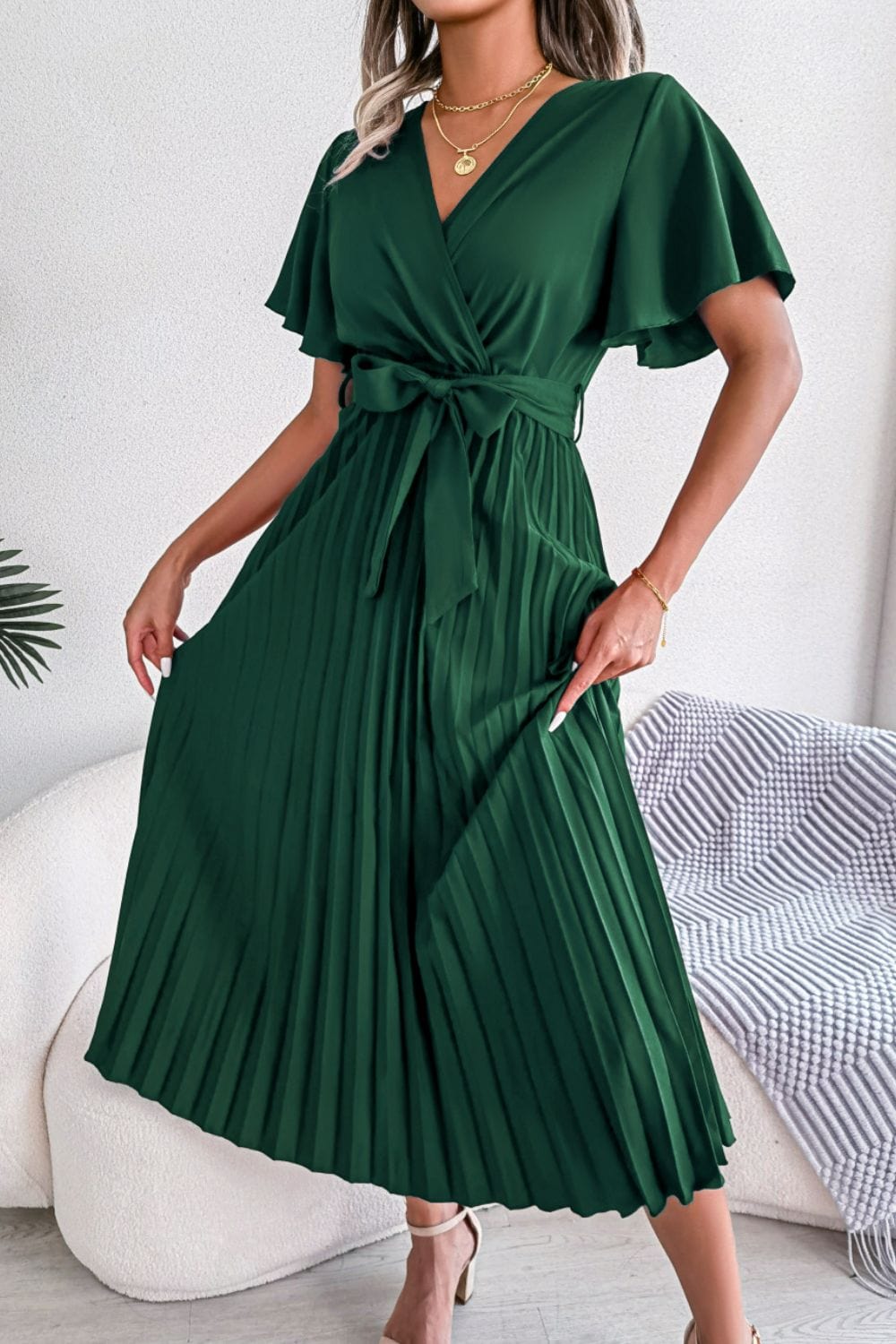 Shape Code RBS/TBS Dresses Green / S Dress-Pleated Flutter Sleeve Belted