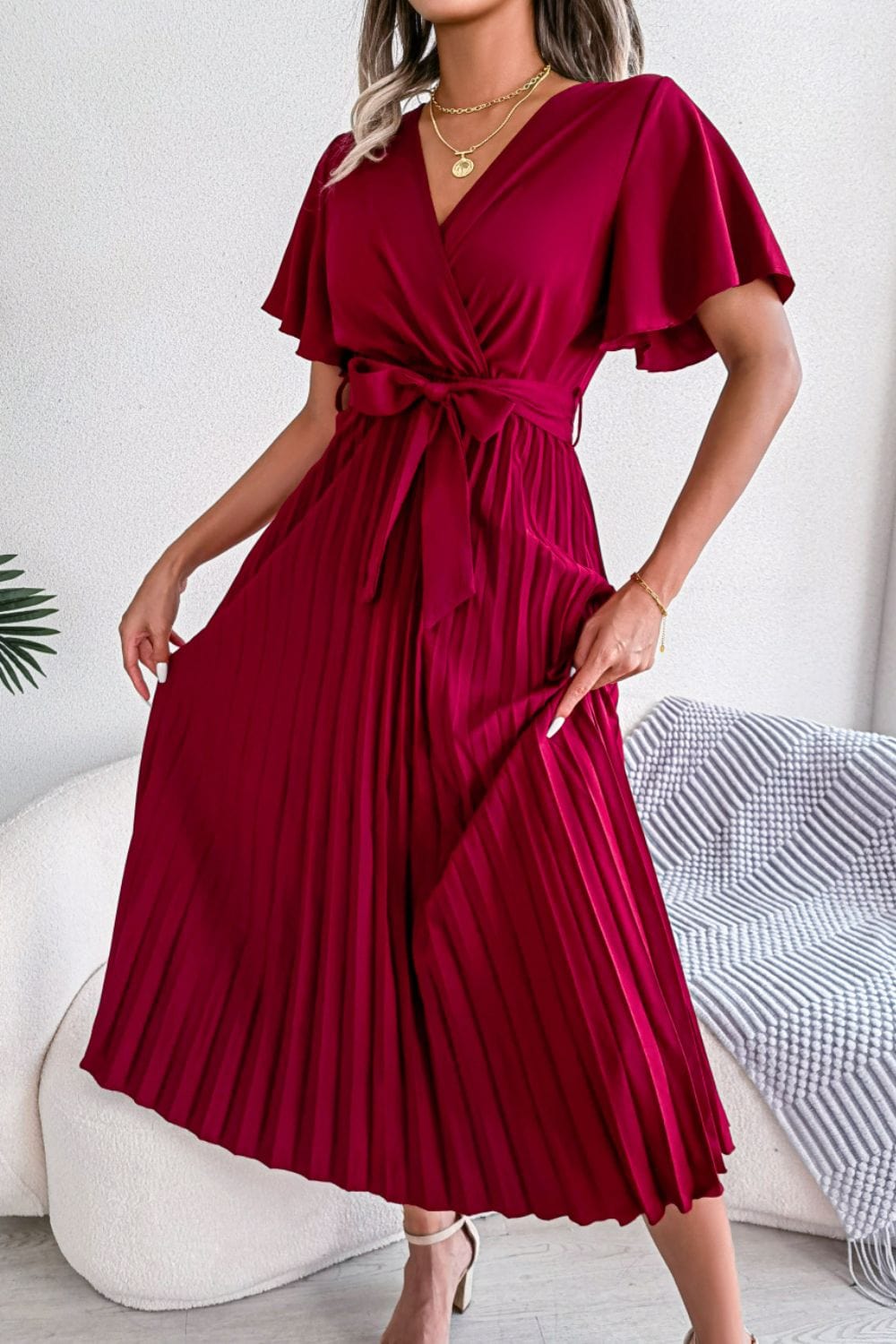 Shape Code RBS/TBS Dresses Red / S Dress-Pleated Flutter Sleeve Belted