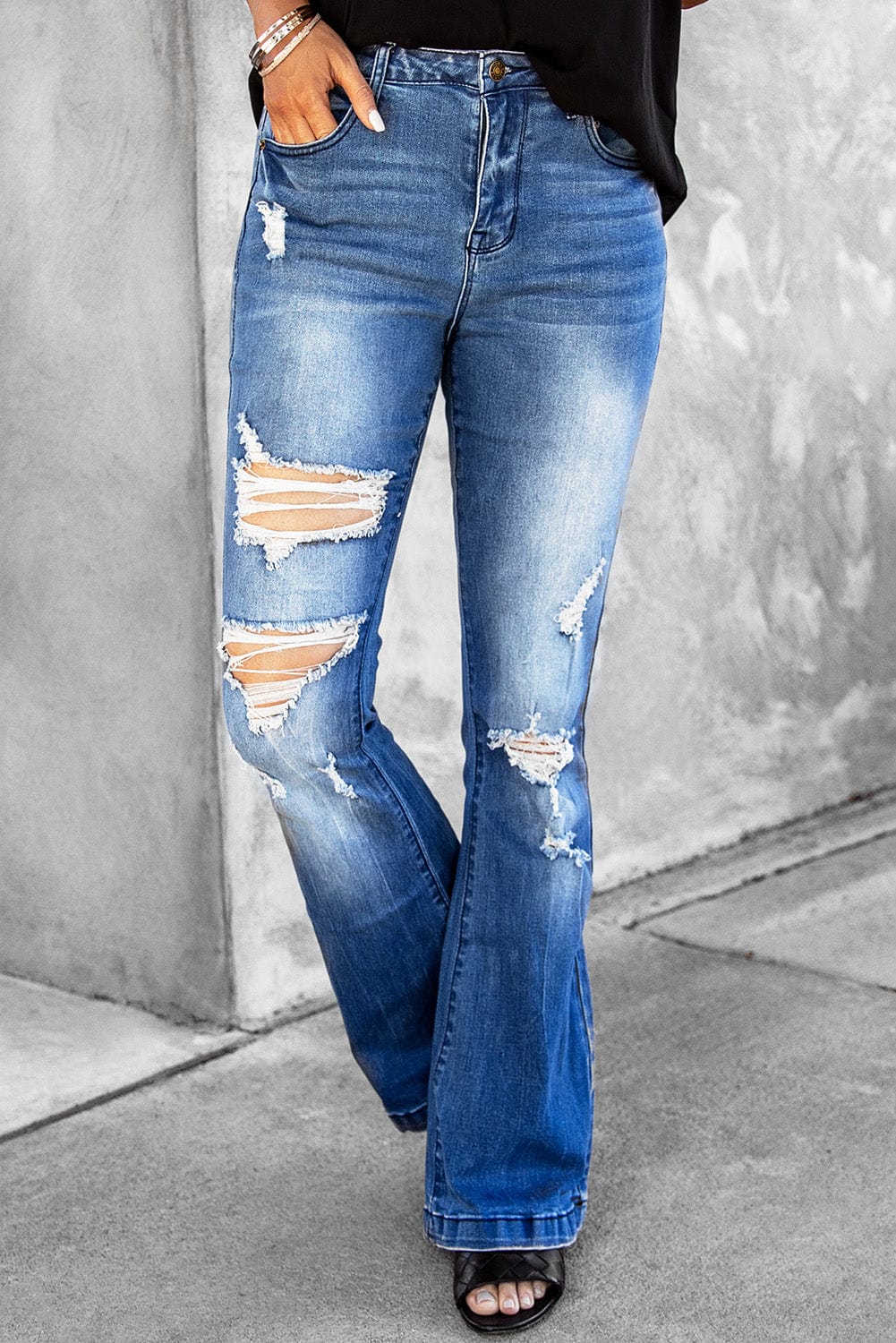 Trendsi Denim Distressed Flare Leg Jeans with Pockets