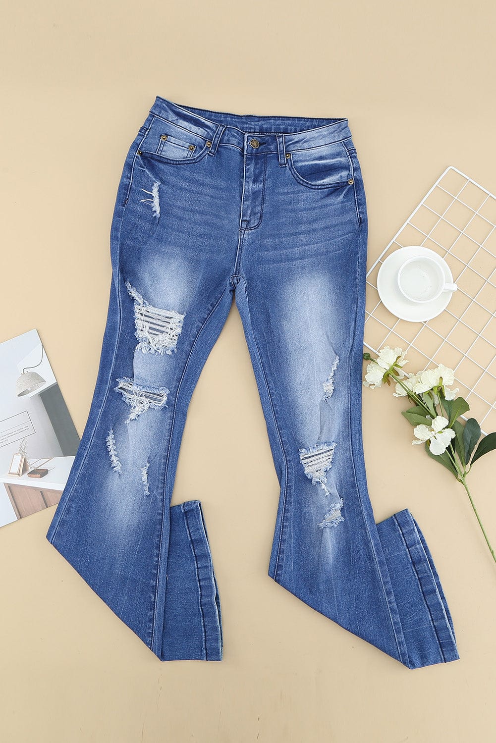 Trendsi Denim Distressed Flare Leg Jeans with Pockets