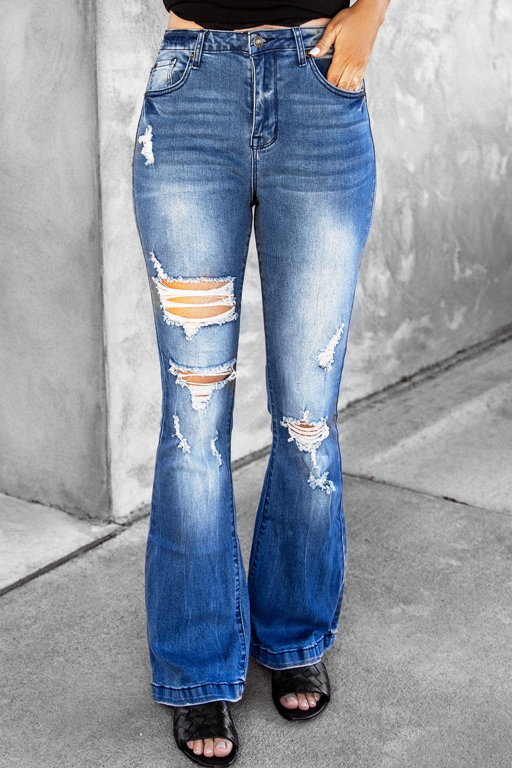 Trendsi Denim Medium Wash / S Distressed Flare Leg Jeans with Pockets