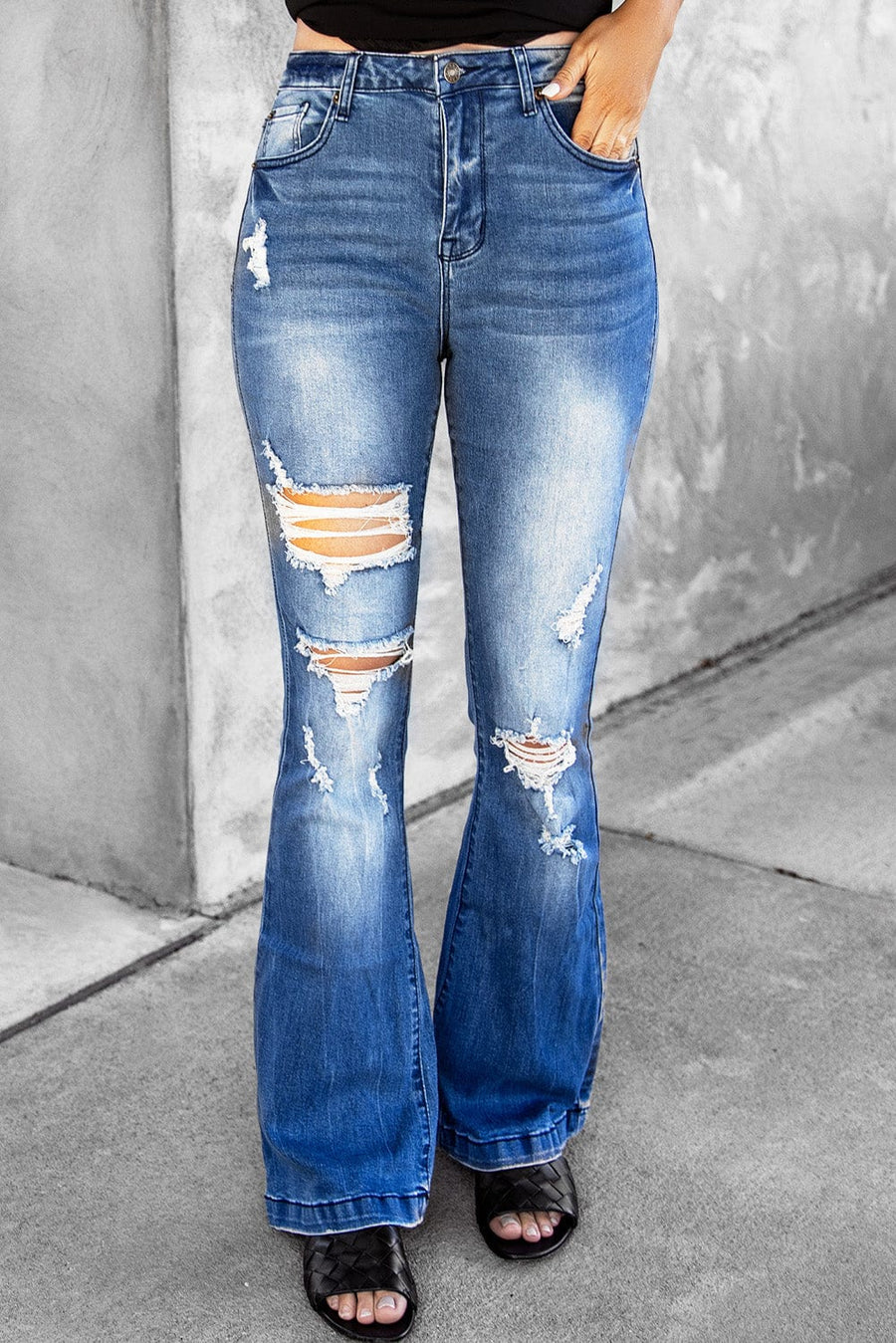 Trendsi Denim Medium Wash / S Distressed Flare Leg Jeans with Pockets