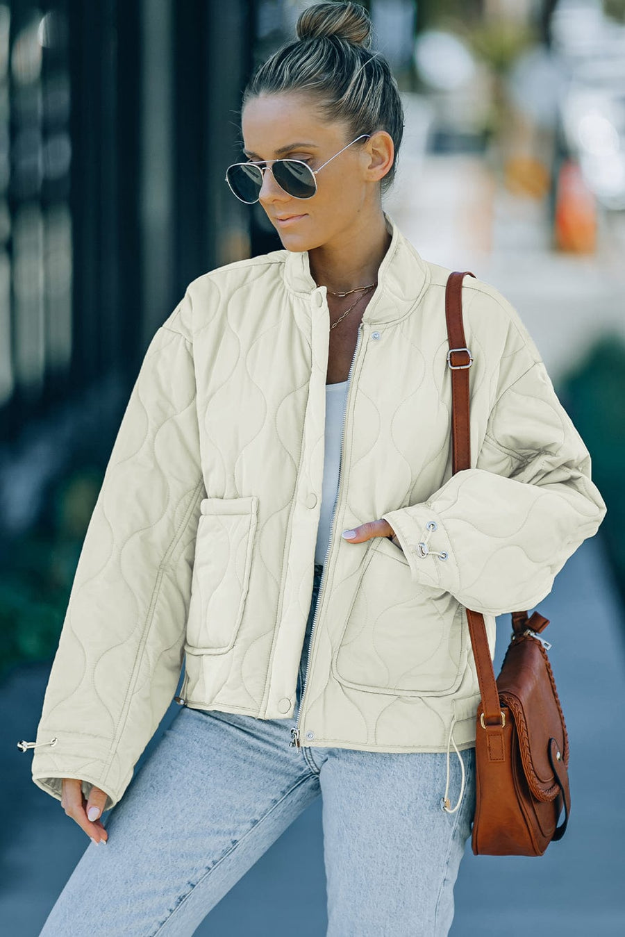 Trendsi Jackets Cream / S Outerwear-Drawstring Dropped Shoulder Quilted Jacket