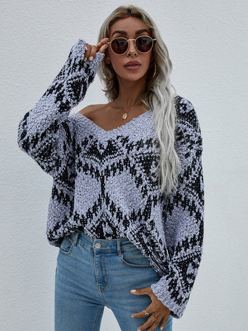 Trendsi Knit Gray / S Geometric Print Chunky Knit Sweater