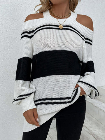 Trendsi Knit White/Black / S Striped Cutout Cold-Shoulder Tunic Sweater