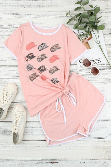 Trendsi Set Pink / S Graphic Tee and Drawstring Shorts Loungewear Set